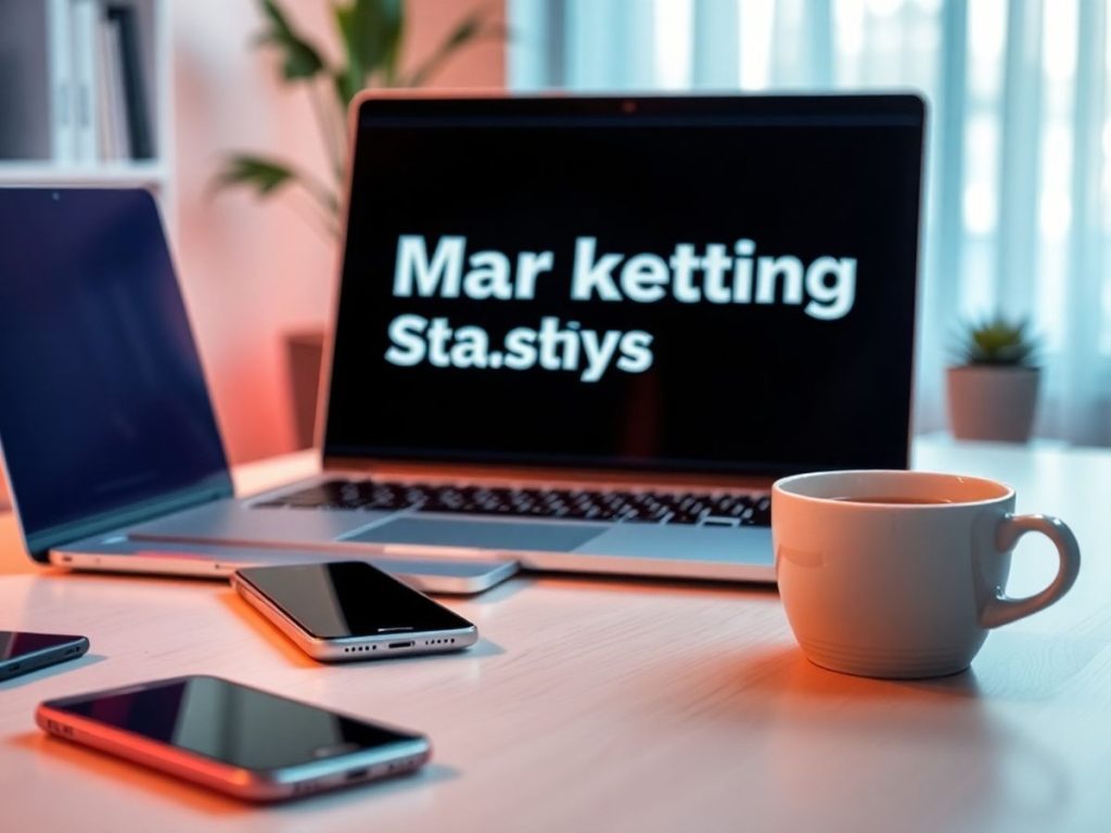 Birou modern cu laptop si smartphone pentru marketing digital.