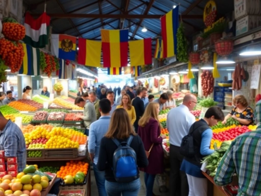 Piață românească plină de viață cu produse proaspete.