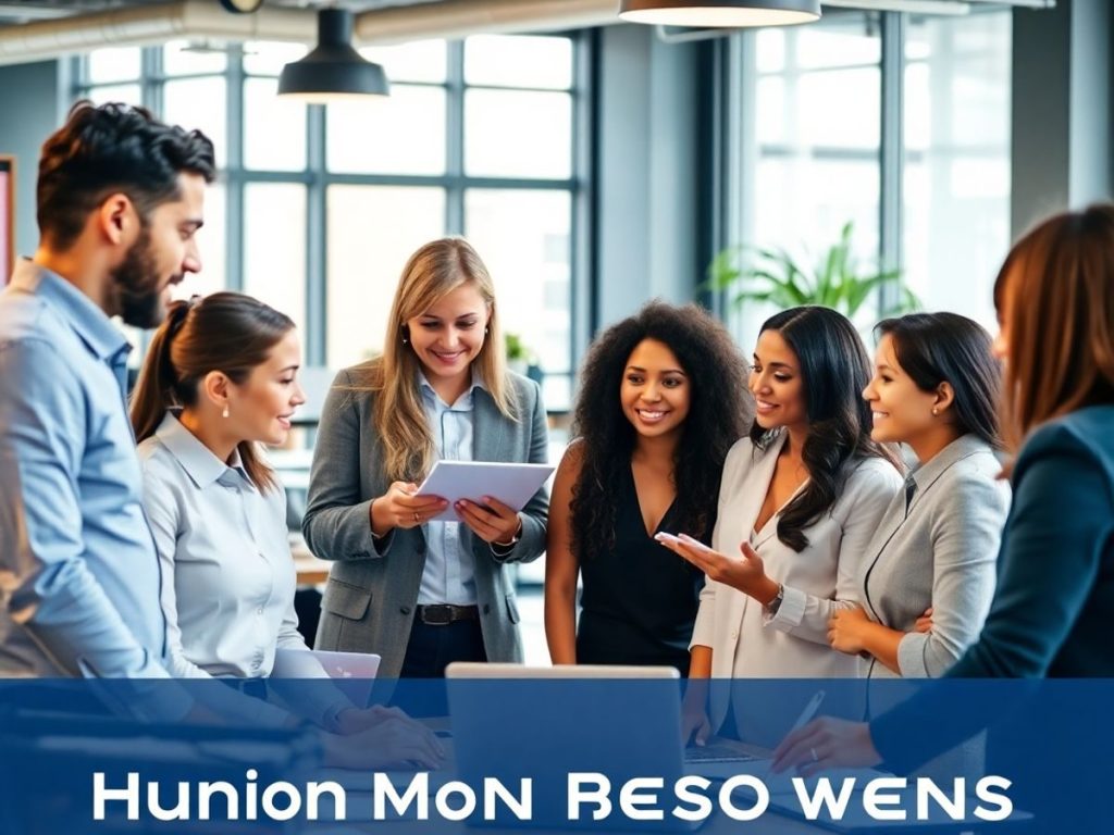 Echipă diversă colaborând într-un mediu de birou modern.