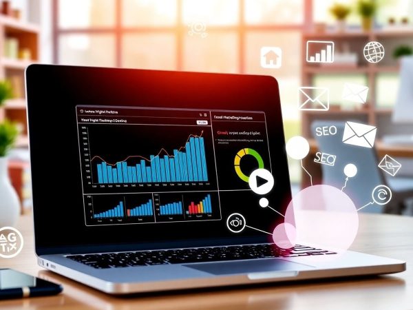 Laptop cu simboluri de marketing digital pe birou.
