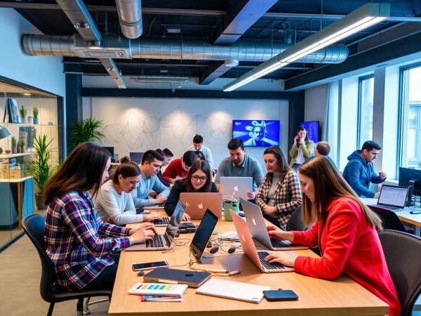 Tinerii antreprenori colaborează într-un birou modern.