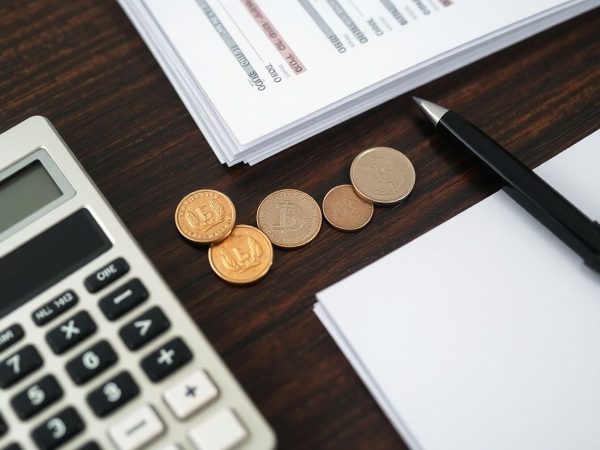 Calculator, monede, hârtii și pix pe birou.