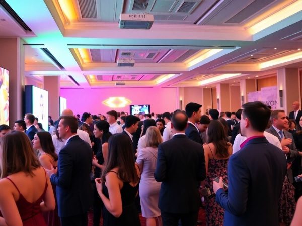 Eveniment corporate cu participanți eleganți și atmosferă modernă.